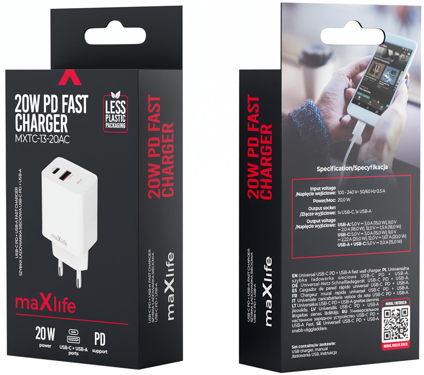 MaXlife MXTC-13-20AC Network Charger, 20W, 3A, 1 x USB-A - 1 x USB-C, White