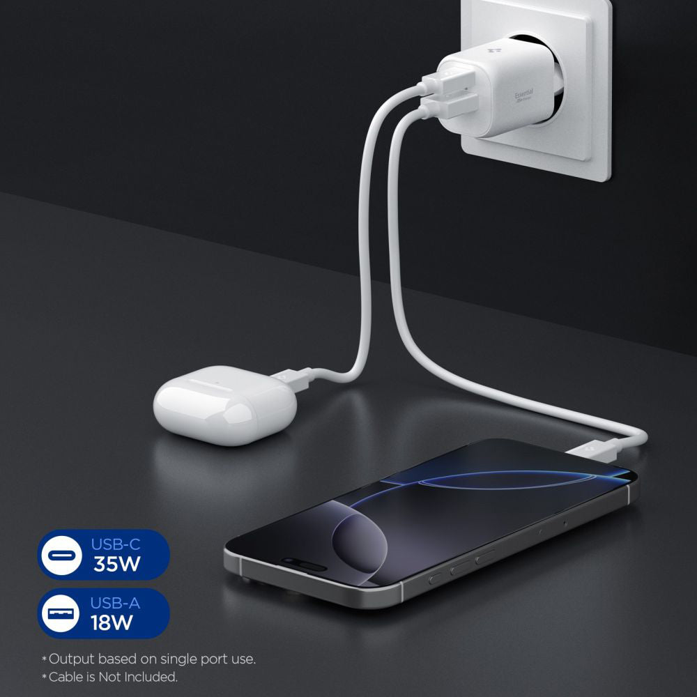 Spigen Essential Network Charger, 35W, 3A, 1 x USB-A - 1 x USB-C, White ACH09462