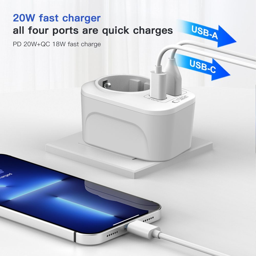 Tech-Protect TA100 Travel UK Network Charger, 20W, 3A, 1 x Schuko - 1 x USB-A - 1 x USB-C, White