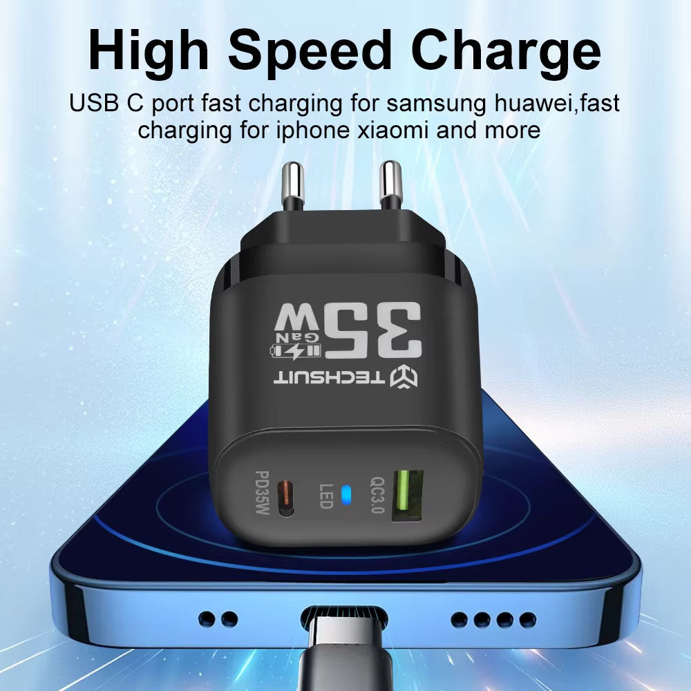Techsuit CHPD174 Network Charger, 35W, 3A, 1 x USB-A - 1 x USB-C, Black