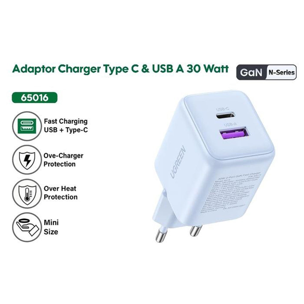 UGREEN X516 Network Charger, 30W, 3A, 1 x USB-A - 1 x USB-C, Blue