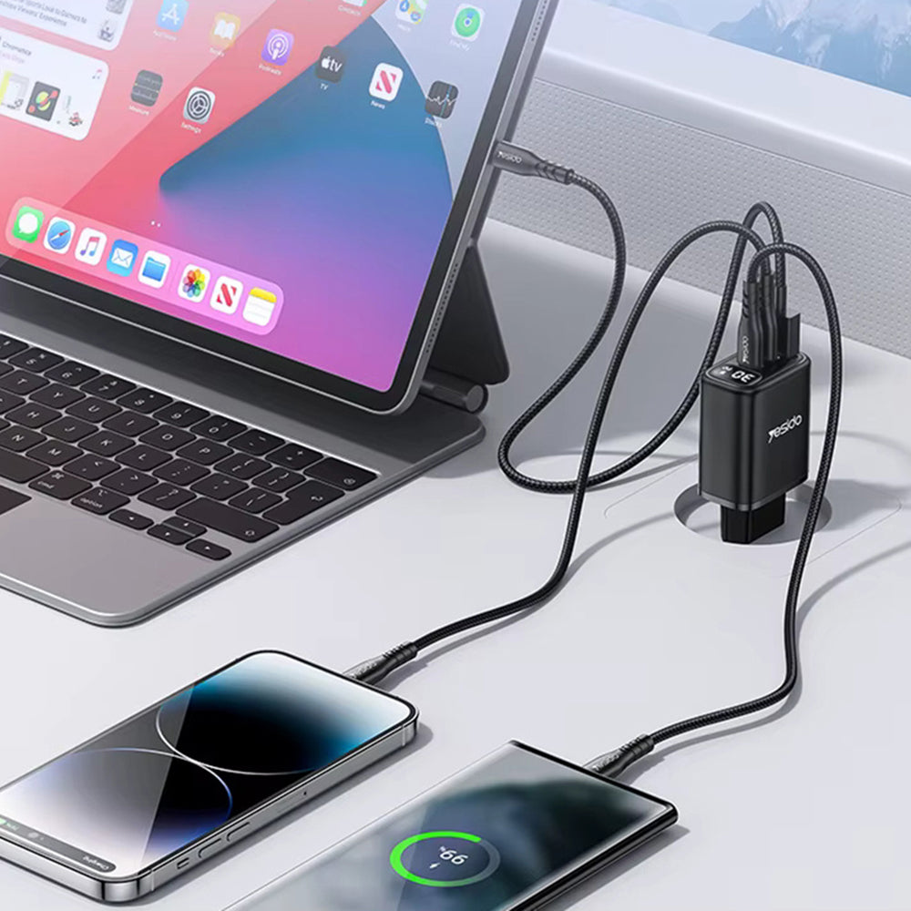 Yesido YC69 Display Network Charger, 30W, 3A, 1 x USB-A - 2 x USB-C, Black
