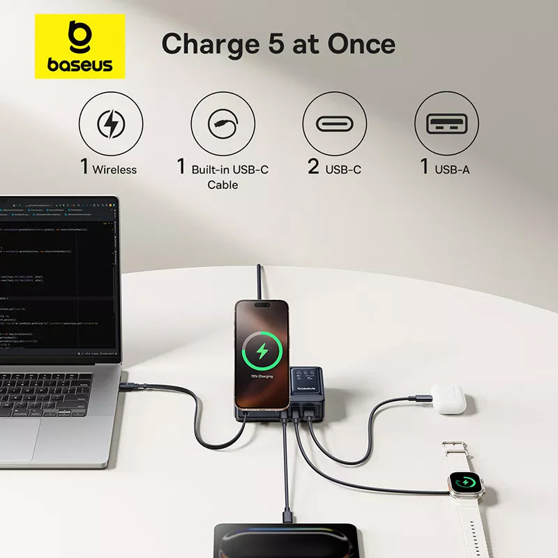 Baseus Nomos QI 5in1 Charging Station, 140W, 5A, 1 x USB-A - 2 x USB-C, Black P10170902123-00