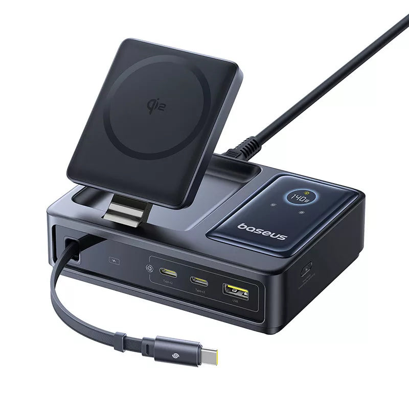 Baseus Nomos QI 5in1 Charging Station, 140W, 5A, 1 x USB-A - 2 x USB-C, Black P10170902123-00