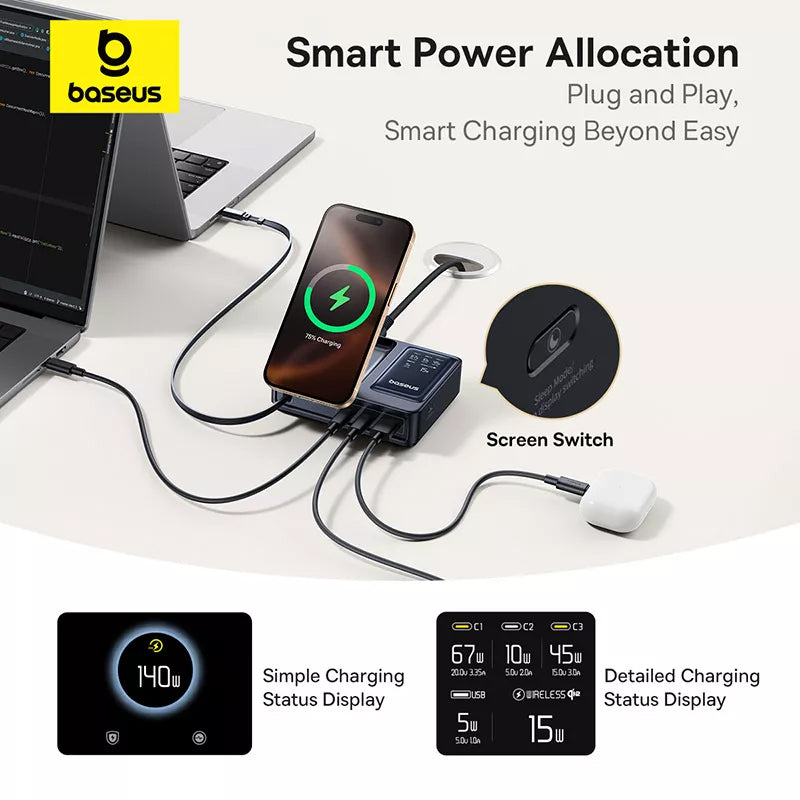 Baseus Nomos QI 5in1 Charging Station, 140W, 5A, 1 x USB-A - 2 x USB-C, Black P10170902123-00