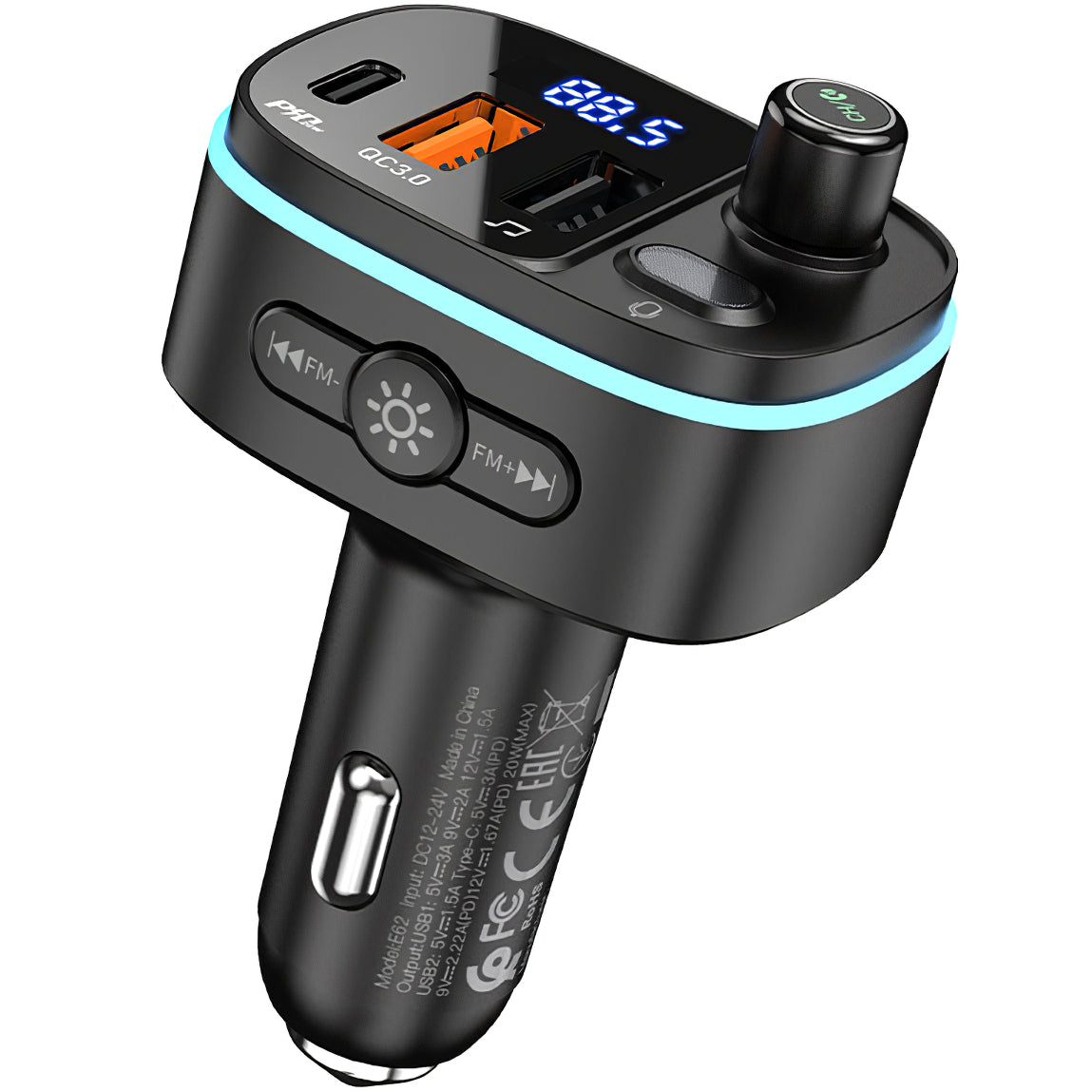 HOCO E62 Fast Bluetooth FM Modulator, 2 x USB-A - 1 x USB-C