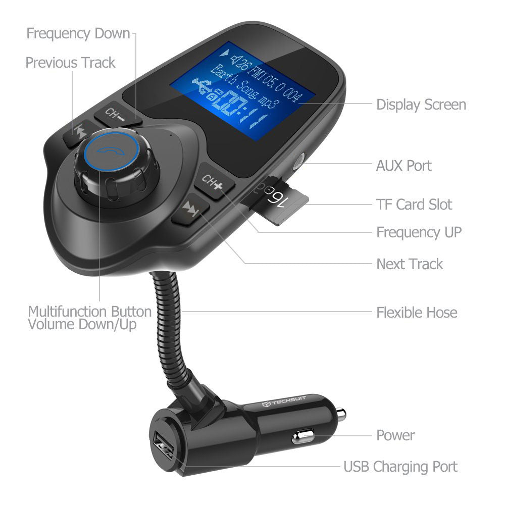 Techsuit MFM4 Bluetooth FM Modulator, 1 x USB-A - 1 x 3.5mm - 1 x microSD, Black