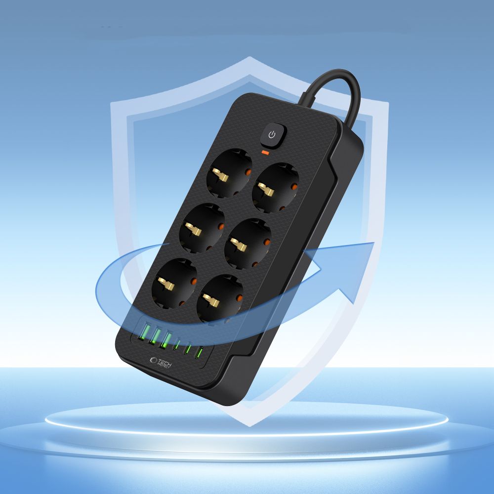 Tech-Protect PC6X6 Extension Cord, 6 x Schuko - 3 x USB-A - 3 x USB-C, Black