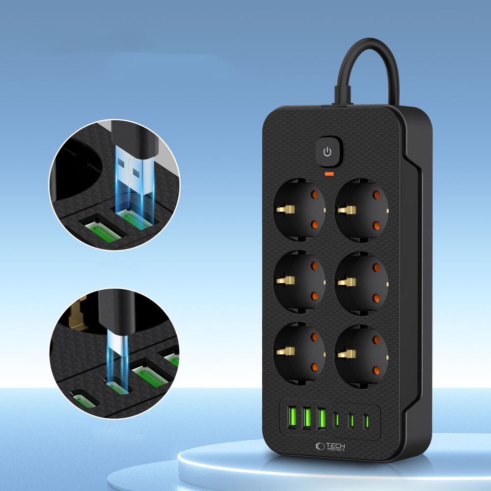 Tech-Protect PC6X6 Extension Cord, 6 x Schuko - 3 x USB-A - 3 x USB-C, Black