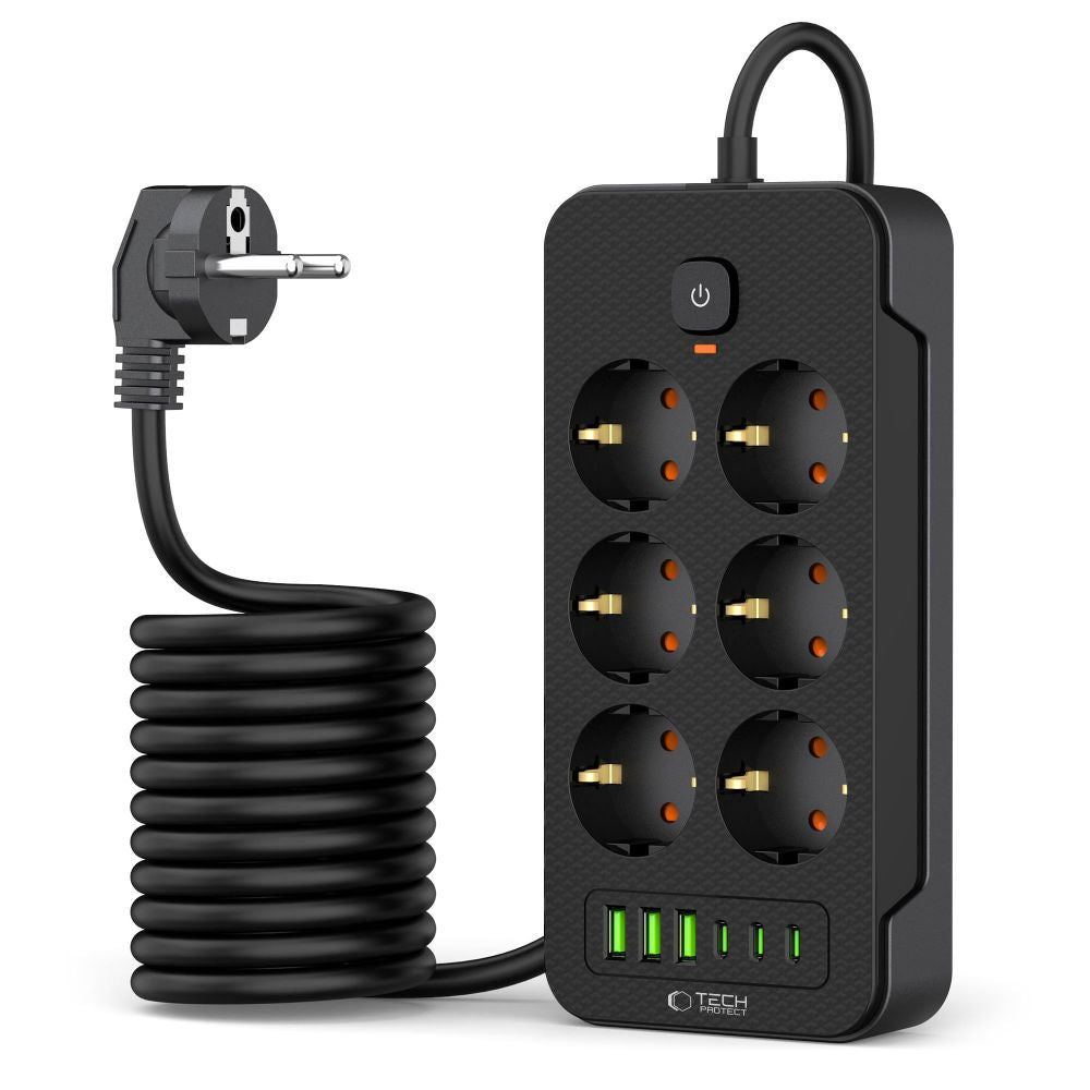 Tech-Protect PC6X6 Extension Cord, 6 x Schuko - 3 x USB-A - 3 x USB-C, Black