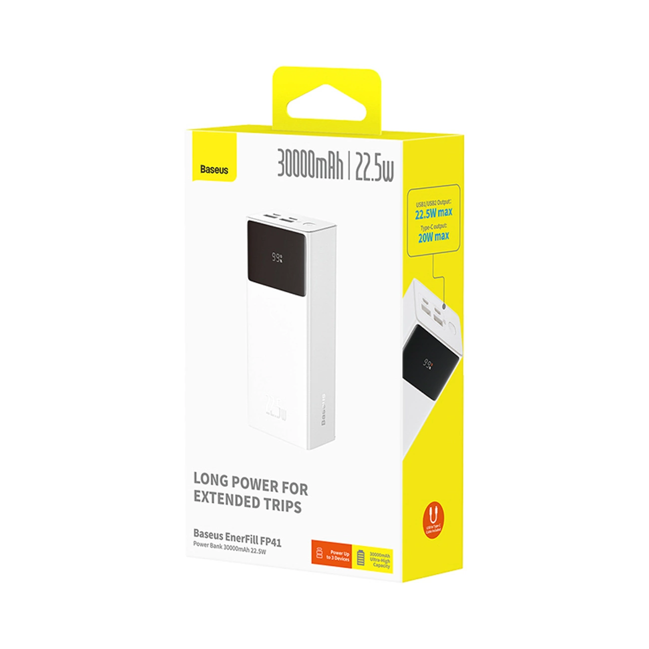 Baseus EnerFill FP41 External Battery, 30000mAh, 22.5W, QC + PD, 1 x USB-C - 2 x USB-A, White E0027K01