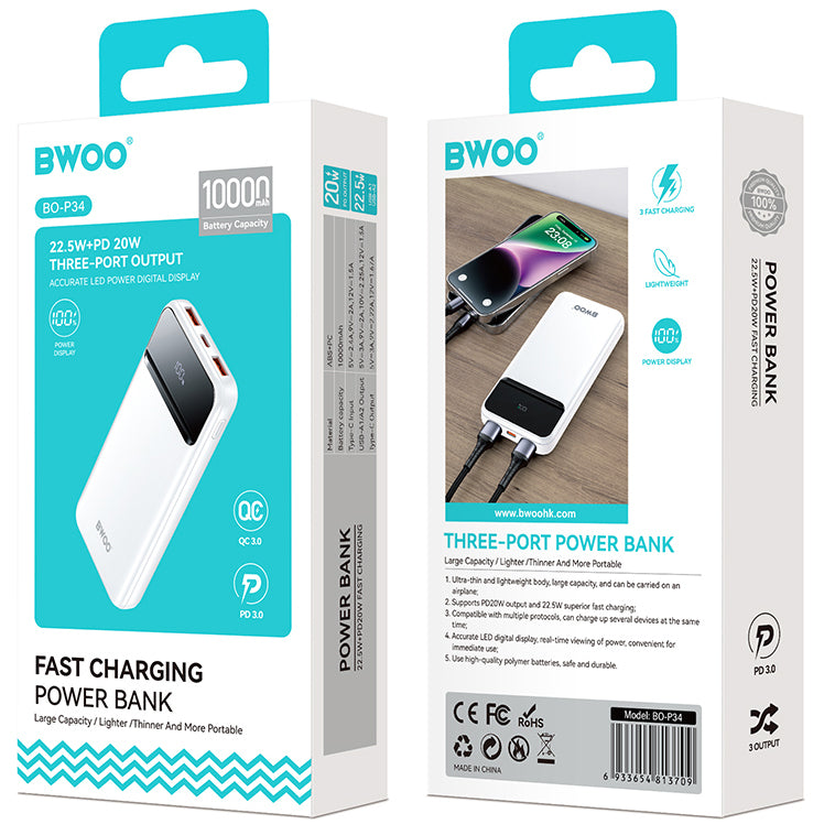 BWOO BO-P34 External Battery, 10000mAh, 22.5W, QC + PD, 1 x USB-C - 2 x USB-A, White