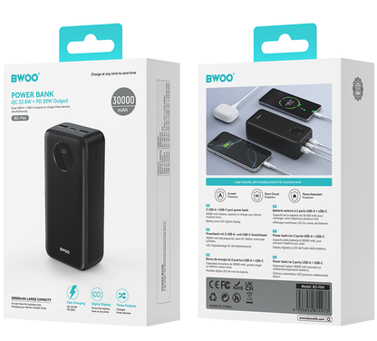 External Battery BWOO BO-P64, 30000mAh, 22.5W, QC + PD, 1 x USB-C - 2 x USB-A, Black