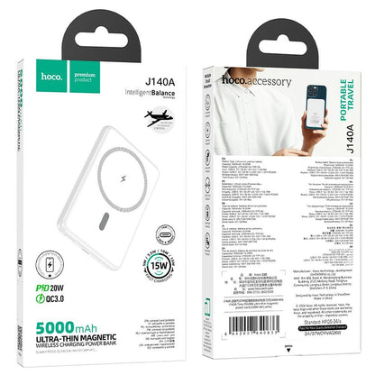 Wireless External Battery HOCO J140A, 5000mAh, 20W, PD + FQI, 1 x QI - 1 x USB-C, White