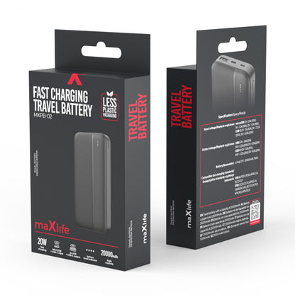 MaXlife MXPB-02 External Battery, 20000mAh, 20W, QC + PD, 1 x USB-A - 1 x USB-C, Black