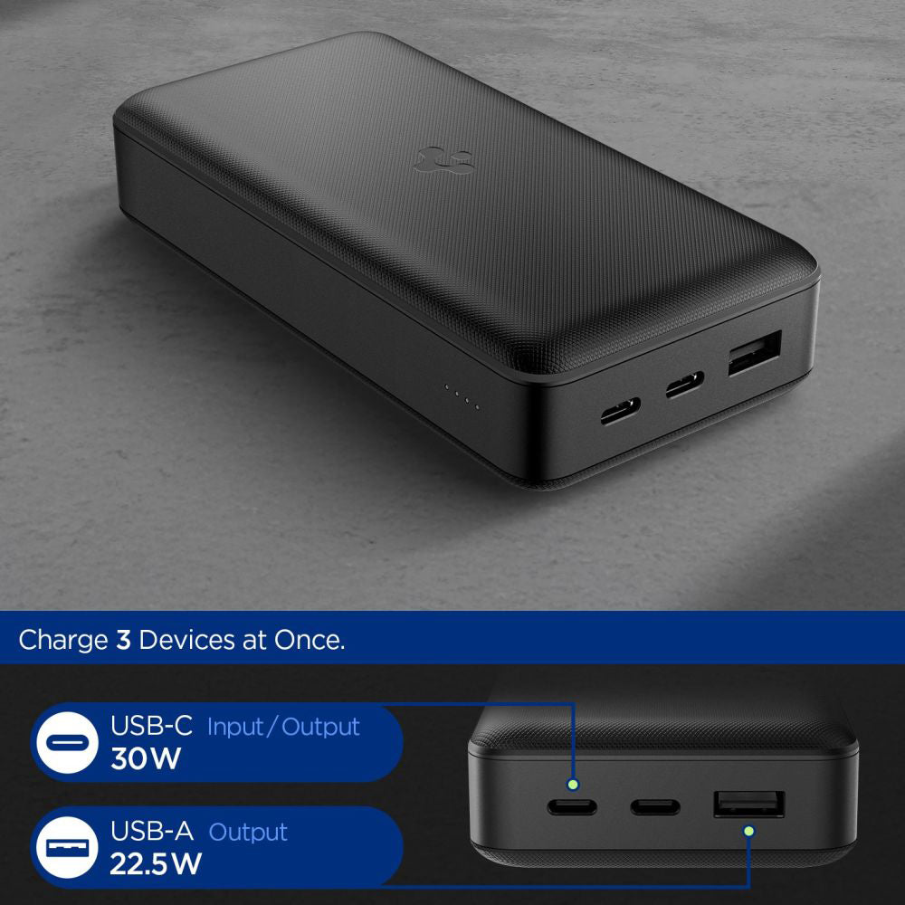 Spigen External Battery, 30000mAh, 30W, QC + PD, 1 x USB-A - 2 x USB-C, Black