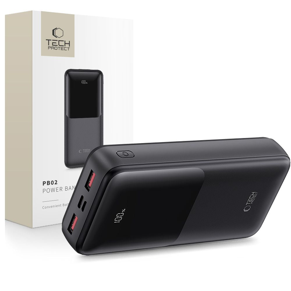 Tech-Protect PB02 External Battery, 20000mAh, 22.5W, QC + PD, 1 x USB-C - 2 x USB-A, Black