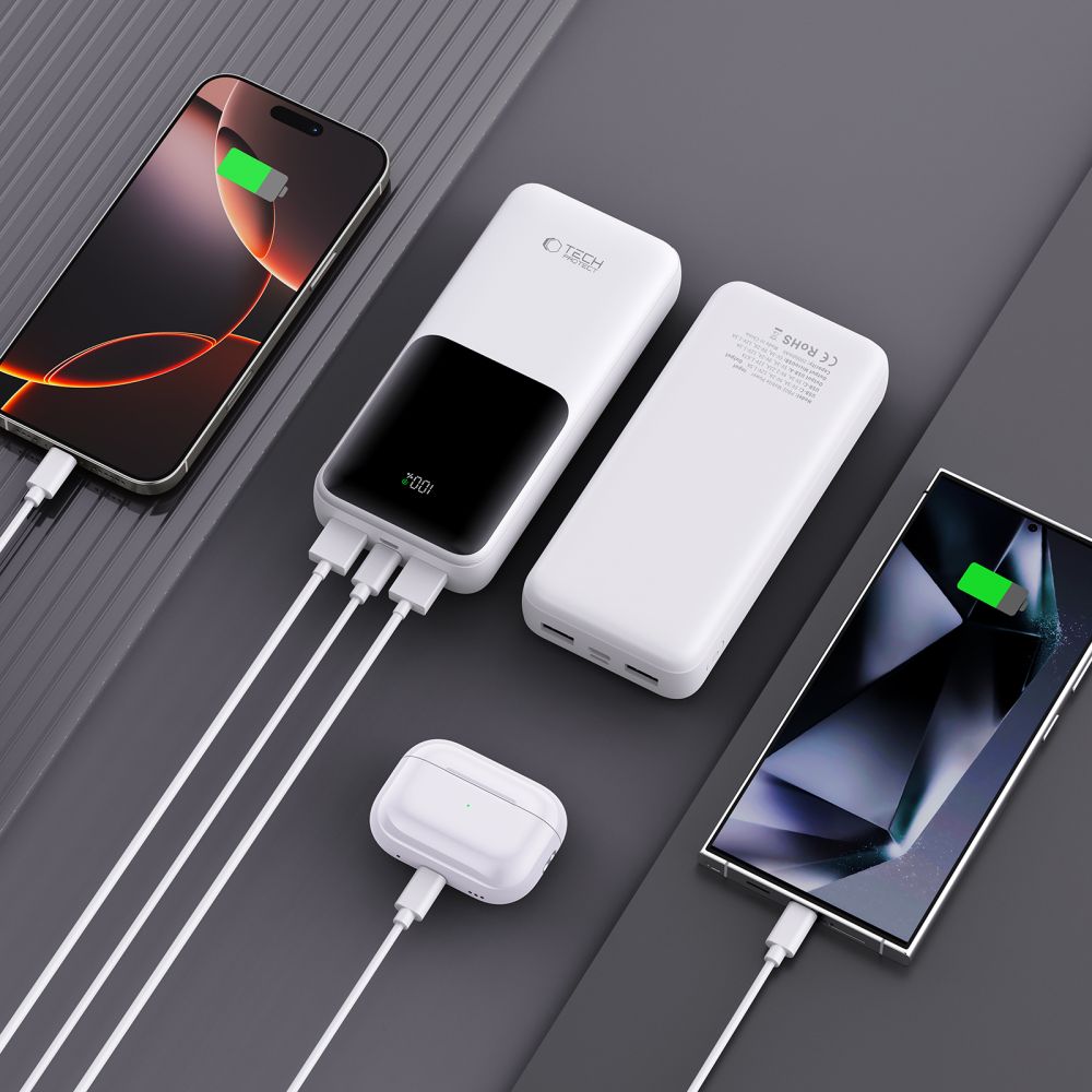 Tech-Protect PB02 External Battery, 20000mAh, 22.5W, QC + PD, 1 x USB-C - 2 x USB-A, White