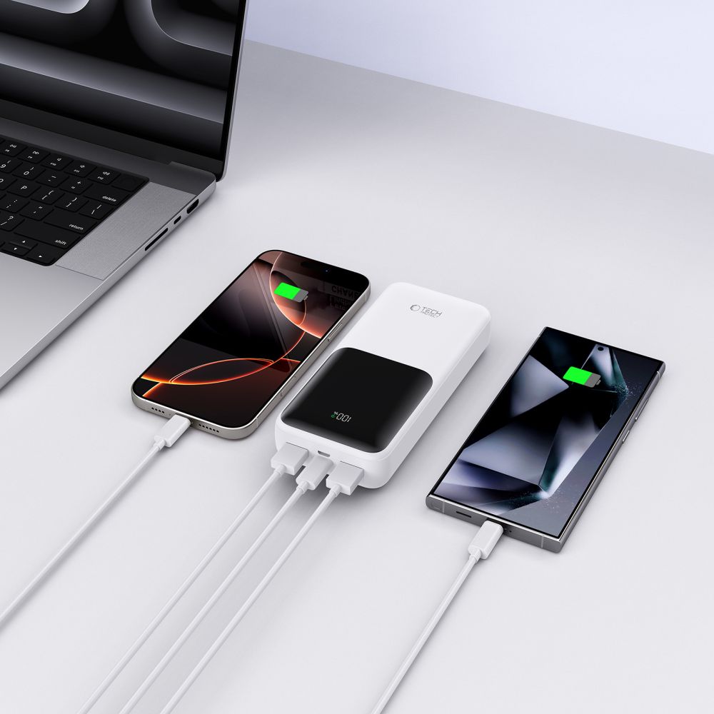 Tech-Protect PB02 External Battery, 20000mAh, 22.5W, QC + PD, 1 x USB-C - 2 x USB-A, White