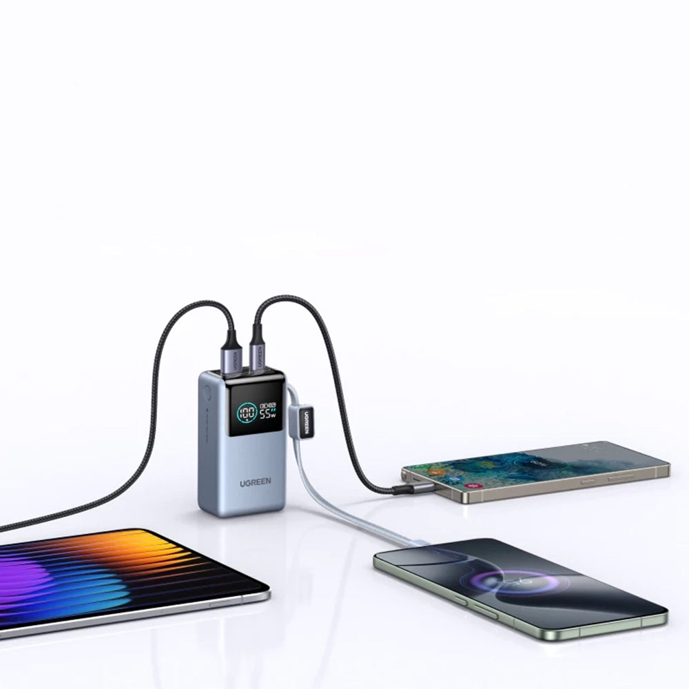 UGREEN Nexode Pro PB727 External Battery (75701B), 10000mAh, 55W, QC + PD, 1 x USB-A - 2 x USB-C, Gray