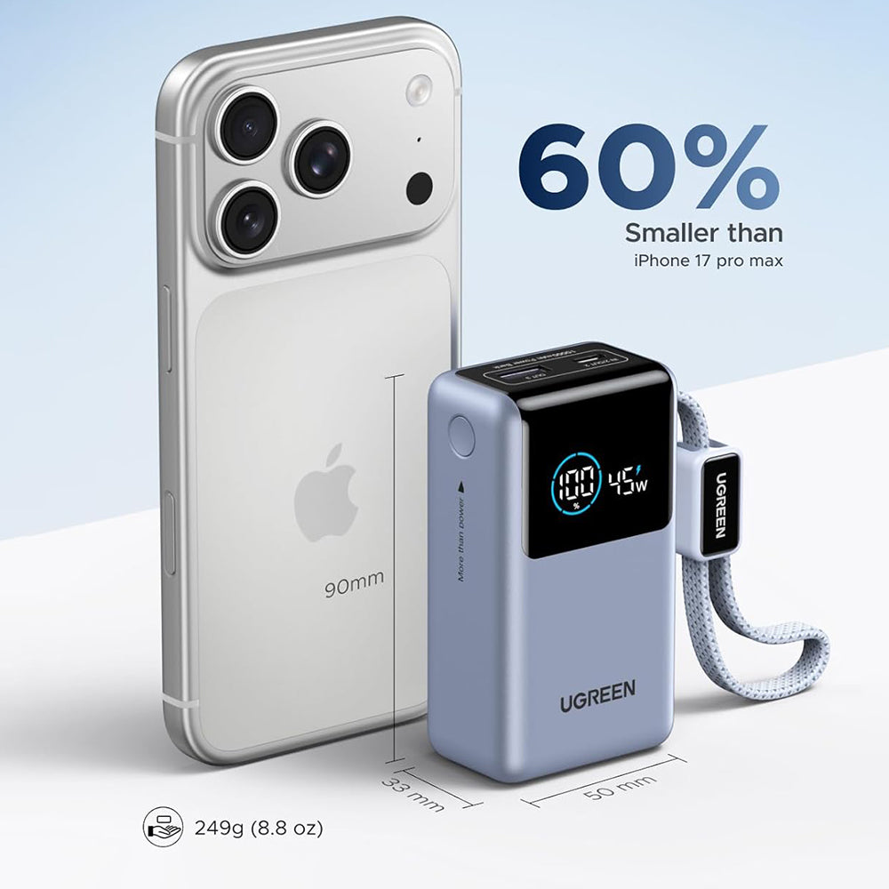 UGREEN Nexode Pro PB727 External Battery (75701B), 10000mAh, 55W, QC + PD, 1 x USB-A - 2 x USB-C, Gray