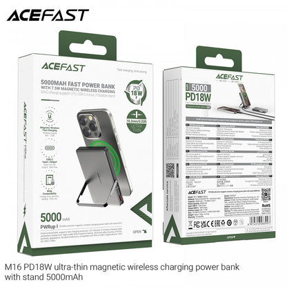 Acefast M16 Wireless External Battery, 5000mAh, 18W, PD + FQI, 1 x QI - 1 x USB-C, Black