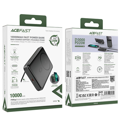 Acefast M6 Wireless External Battery, 10000mAh, 20W, PD + FQI, 1 x QI - 1 x USB-C, Black
