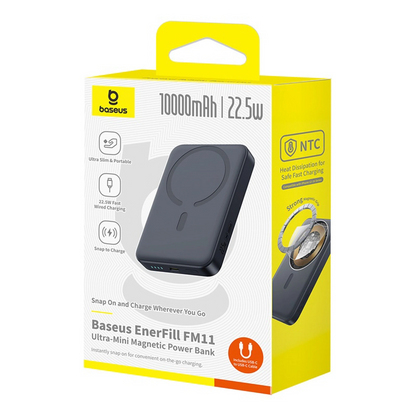 Baseus EnerFill FM11 Ultra-Mini Wireless External Battery, 10000mAh, 22.5W, PD + FQI, 1 x QI - 1 x USB-C, Black P1008210E123-00