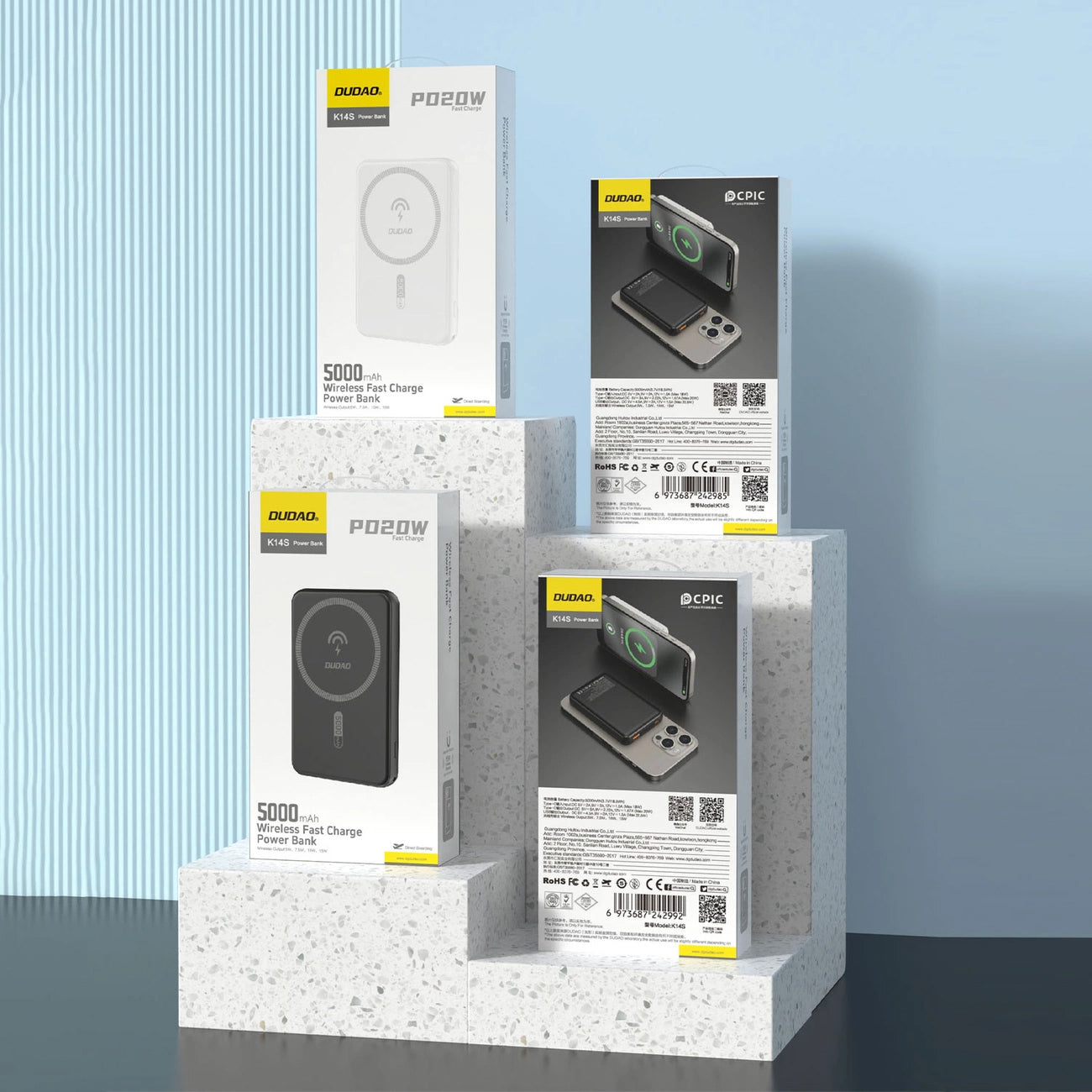 Wireless External Battery Dudao K14S, 5000mAh, 20W, QC + PD + FQI, 1 x QI - 1 x USB-A - 1 x USB-C, White