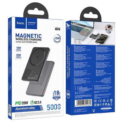 Wireless External Battery HOCO Q26, 5000mAh, 20W, PD + FQI, 1 x QI - 1 x USB-C, Gray