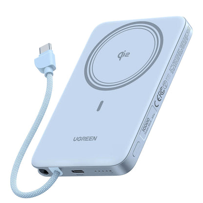 UGREEN PB570 Wireless Power Bank (65839B), 10000mAh, 30W, PD + FQI, 1 x QI - 2 x USB-C, Blue