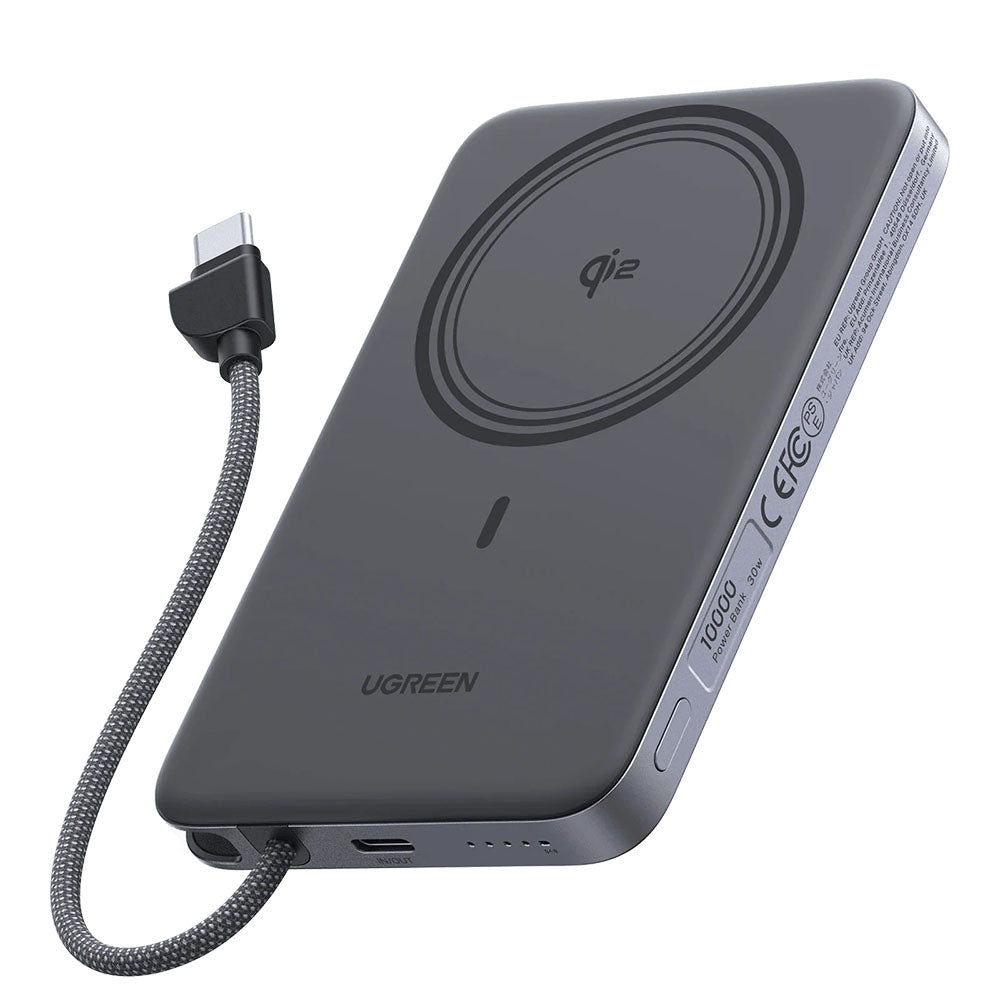 UGREEN PB570 Wireless Power Bank (75982B), 10000mAh, 30W, PD + FQI, 1 x Qi - 2 x USB-C, Gray