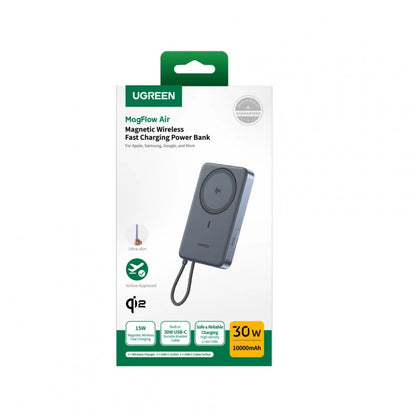 UGREEN PB570 Wireless Power Bank (75982B), 10000mAh, 30W, PD + FQI, 1 x Qi - 2 x USB-C, Gray