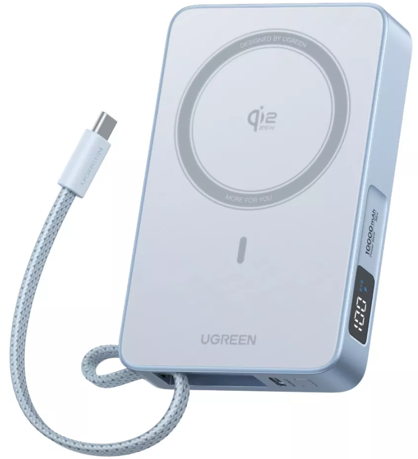 UGREEN MagFlow PB773 Wireless External Battery (65958), 10000mAh, 25W, PD + FQI, 1 x QI - 2 x USB-C, Blue