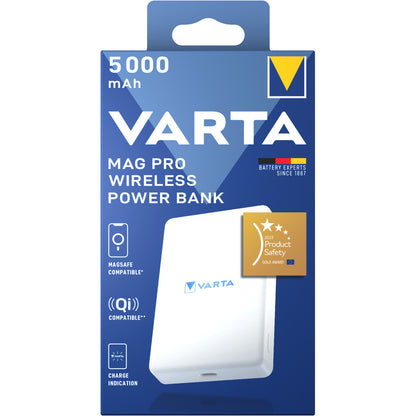 Varta Mag Pro Wireless External Battery, 5000mAh, 12W, 1 x QI - 1 x USB-C, White