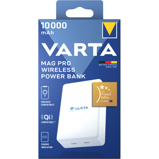 Varta Mag Pro Wireless External Battery, 10000mAh, 20W, 1 x QI - 2 x USB-C, White