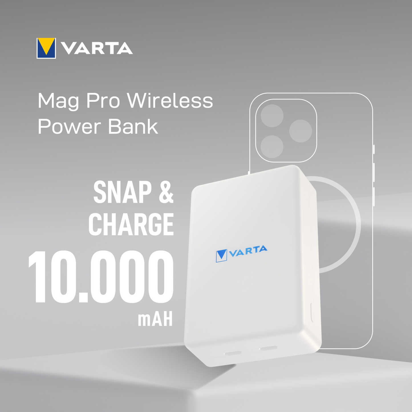 Varta Mag Pro Wireless External Battery, 10000mAh, 20W, 1 x QI - 2 x USB-C, White