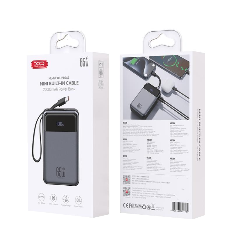 XO Design PR267 External Battery, 20000mAh, 65W, QC + PD, 1 x USB-A - 2 x USB-C, Gray