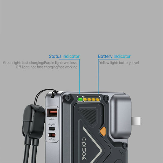 Yesido YP89 External Battery, 10000mAh, 22.5W, QC + PD + FQI, 1 x Lightning - 1 x QI - 1 x USB-A - 1 x USB-C, Gray