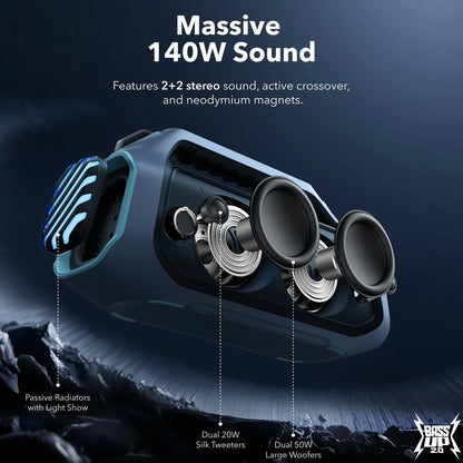 Anker SoundCore Boom 2 Plus Portable Bluetooth Speaker, 140W, TWS, RGB, Waterproof, Blue A3134031