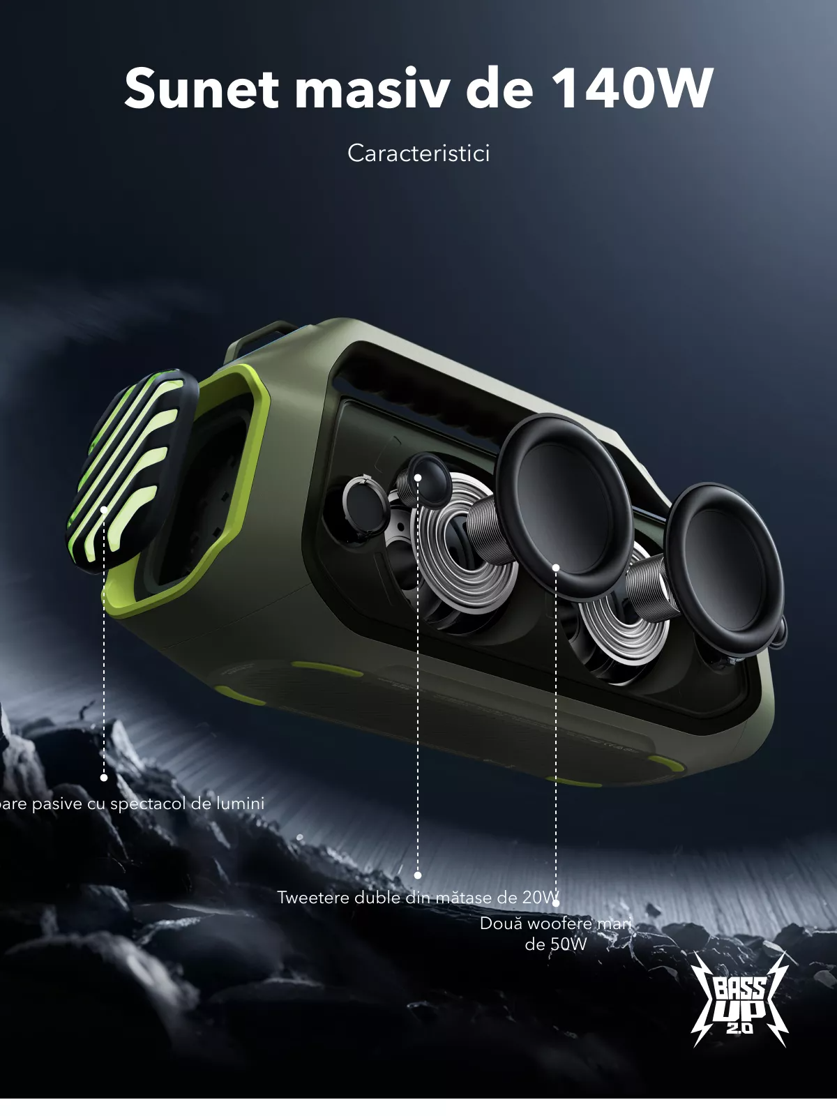 Anker SoundCore Boom 2 Plus New Version Portable Bluetooth Speaker, 140W, TWS, RGB, Waterproof, Green A3134062