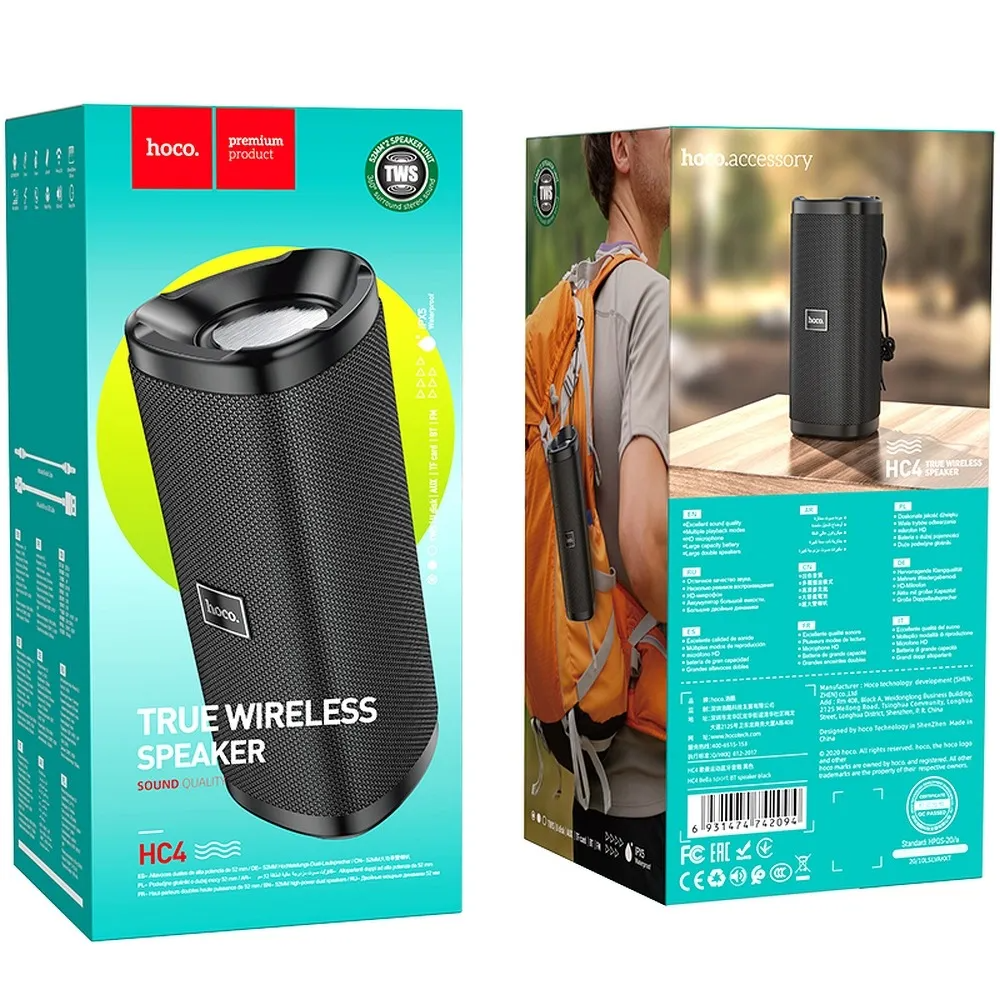 HOCO HC4 Bella Sport Portable Bluetooth Speaker, 10W, TWS, Waterproof, Black