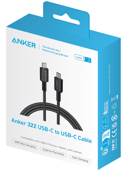 USB-C Data and Charging Cable - USB-C Anker 322, 60W, 0.9m, Black A81F5G11