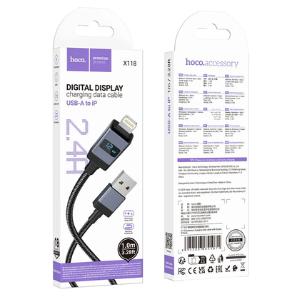 USB-A to Lightning Data and Charging Cable HOCO X118 Display, 12W, 1m, Black