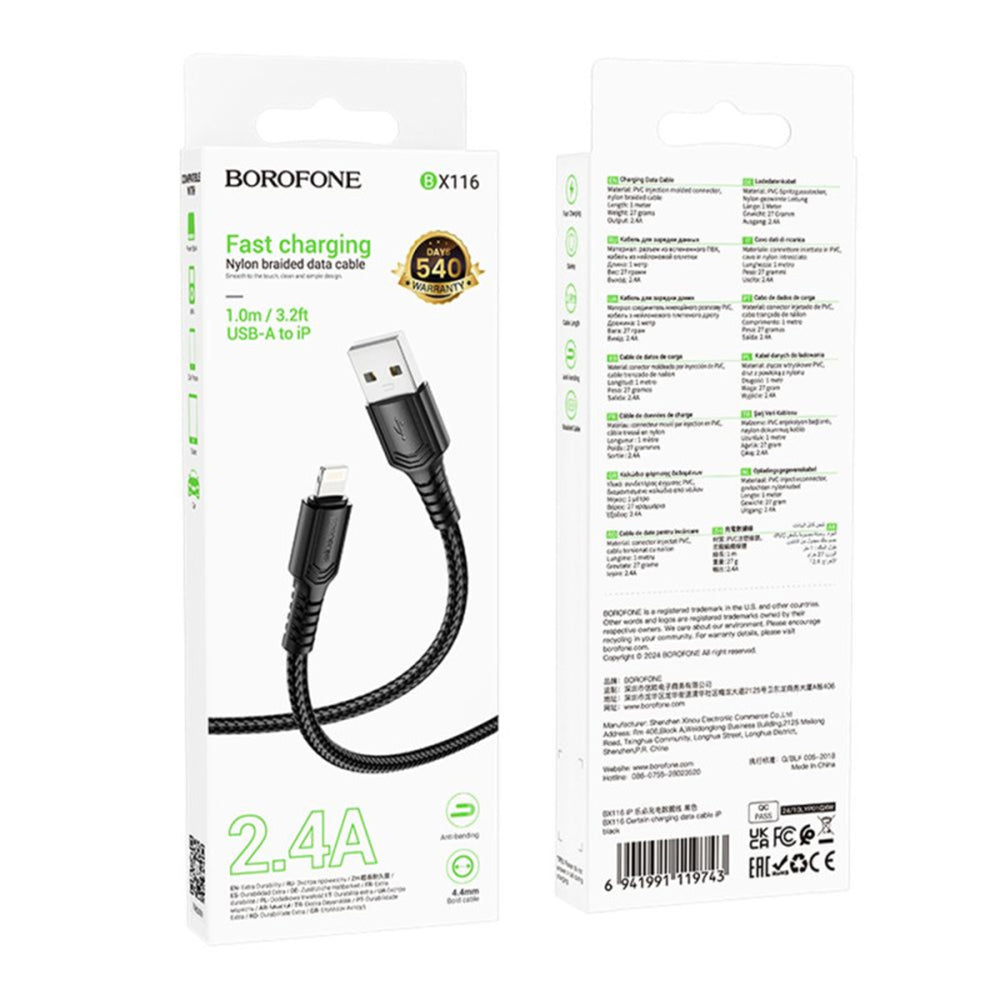 USB-A to Lightning Data and Charging Cable Borofone BX116 Certain, 18W, 1m, Black