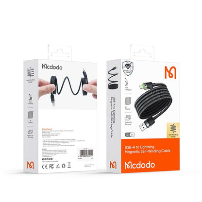 USB-A to Lightning McDodo CA-6000 Self Winding Data and Charging Cable, 18W, 1.2m, Black
