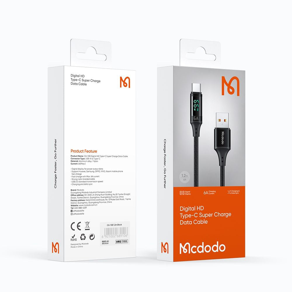 USB-A to USB-C McDodo CA-1080 Display Data and Charging Cable, 66W, 1.2m, Black