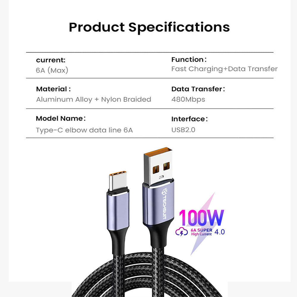 USB-A to USB-C Data and Charging Cable Techsuit PCB018, 100W, 1m, Black