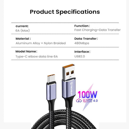 USB-A to USB-C Data and Charging Cable Techsuit PCB018, 100W, 1m, Black