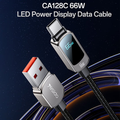 USB-A to USB-C Data and Charging Cable Yesido CA128C Display, 66W, 1.2m, Black
